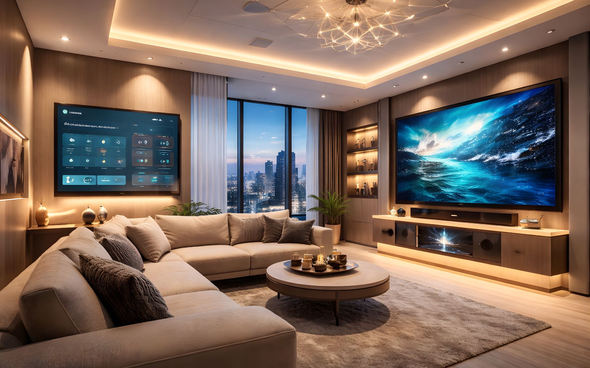 Luxury smart home interior with automation dashboard and premium home theatre